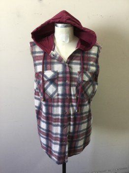 HUNT CLUB, Red Burgundy, White, Navy Blue, Cotton, Plaid, Jersey, Sleeveless, Button Front, 2 Flap Pockets, Burgundy Solid Drawstring Hood