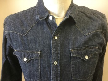 Mens, Casual Shirt, LEVI'S, Dk Blue, Cotton, Solid, Small, Snap Front Long Sleeves, 2 Pockets, Yoke, Western, Double, See FC048284