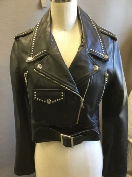 SANDRO, Black, Leather, Solid, Moto Style, Silver Stud Details, Epaulettes, Zip Pockets, Zip Front, Attached Belt W/rectangle Silver Buckle, Flap Pkt, Cropped, Zippers at Sleeves
