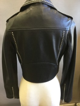 SANDRO, Black, Leather, Solid, Moto Style, Silver Stud Details, Epaulettes, Zip Pockets, Zip Front, Attached Belt W/rectangle Silver Buckle, Flap Pkt, Cropped, Zippers at Sleeves