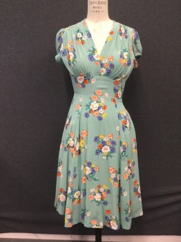 Womens, Dress, Short Sleeve, HOUSE OF FOXY, Mint Green, Purple, Yellow, White, Peach Orange, Viscose, Floral, B 37, 12UK, W30, 1930's Repro, Mint with Multicolor Floral Pattern, Crossover V-neck, Smocked Shoulder, Cap. Sleeve, Side Zip, Below Knee, 3" Waistband