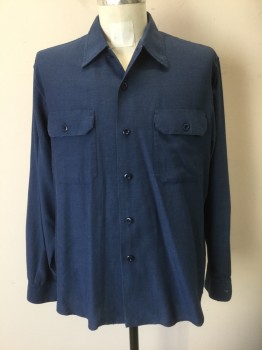 Mens, Casual Shirt, SANDRO, Dusty Blue, Navy Blue, Cotton, Herringbone, L, Long Sleeve Button Front, Collar Attached, 2 Button Flap Pockets, Doubles,