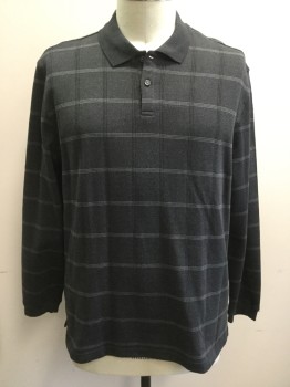 VAN HEUSEN, Charcoal Gray, Gray, Cotton, Polyester, Grid , Gray Horizontal Stripes Across with Textured Vertical Stripes, Ribbed Knit Collar, 2 Buttons