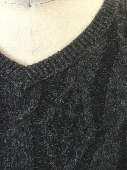 Mens, Pullover Sweater, JOSEPH ABBOUD, Charcoal Gray, Wool, Cable Knit, L, Fuzzy Scratchy Knit, V-neck, Long Sleeves