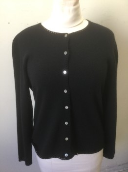 CASHMERE SAKS FIFTH , Black, Cashmere, Solid, Cardigan,  Knit, Long Sleeves, Scoop Neck, Scalloped Edge at Neck, Center Front and Cuffs, 8 Buttons