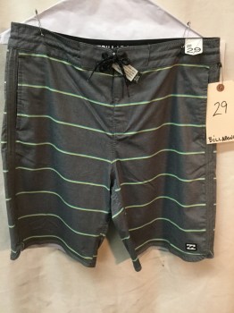 Mens, Swim Trunks, BILLABONG, Gray, Lime Green, Turquoise Blue, Polyester, Stripes - Horizontal , 29w, No Mesh Brief, Velcro Fly