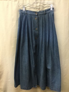 JACOB JB, Blue, Cotton, Solid, Light Weight Denim, Skirt Pleated to Waistband, Long Skirt, Button Front,