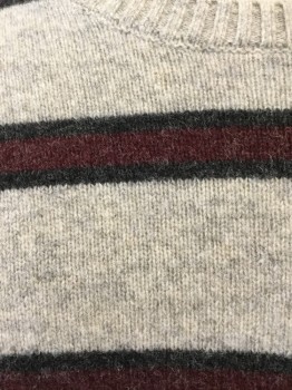 Mens, Pullover Sweater, ABERCROMBIE & FITCH, Heather Gray, Red Burgundy, Charcoal Gray, Wool, Stripes, L, Crew Neck,