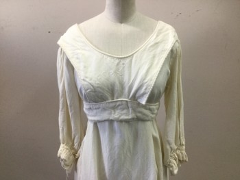 MTO, Ivory White, Linen, Solid, Scoop Neck, Overlay Bodice with Attached Empire Waist Belt, 3/4 Puffed Sleeve with Elastic,