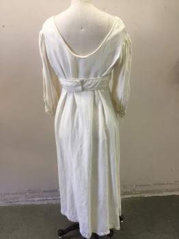 MTO, Ivory White, Linen, Solid, Scoop Neck, Overlay Bodice with Attached Empire Waist Belt, 3/4 Puffed Sleeve with Elastic,
