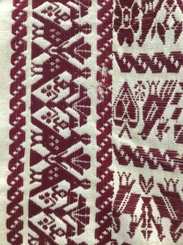 NL, Cream, Wine Red, Wool, Animal Print, Heavy Wool Blanket Shawl. Rectangular Shape. Cream with Wine Colored Peacock Pattern,