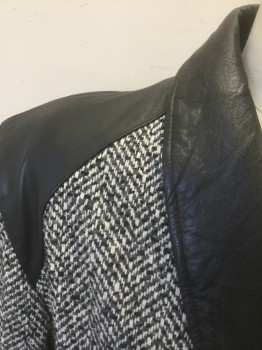 Mens, Coat, BELLAVIA, Gray, Black, White, Wool, Leather, Speckled, Solid, XL, Speckled Shades of Gray and Black Wool, Solid Black Leather Shawl Lapel, Shoulder Panels, and Trim, Double Breasted, Heavily Padded Shoulders, **With Matching Fabric Belt