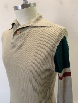Mens, Sweater, N/L, Taupe, Forest Green, Red Burgundy, Wool, Solid, L, Rib Knit, Pullover, Collar Attached, 1 Button at Neck, Green/Maroon Trim at Cuffs, Waist and Armscye,