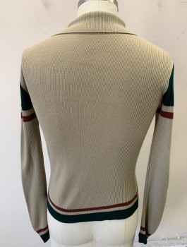 Mens, Sweater, N/L, Taupe, Forest Green, Red Burgundy, Wool, Solid, L, Rib Knit, Pullover, Collar Attached, 1 Button at Neck, Green/Maroon Trim at Cuffs, Waist and Armscye,