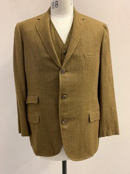 Mens, 1960s Vintage, P1, BOTANY, Lt Brown, Green, Red Burgundy, Wool, Stripes - Pin, Tweed, 44, Jacket & Vest, V-neck, Single Breasted, Button Front, 3 Buttons, 4 Pockets, No Pants