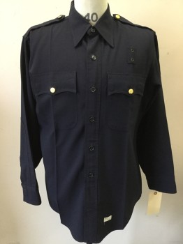 FLYING CROSS, Midnight Blue, Polyester, Solid, Long Sleeve Button Front, Collar Attached,  Epaulets, 2 Pockets, Button Front, 5 Crease, Hidden Zip Front
