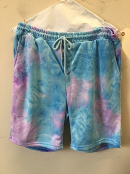 Mens, Shorts, SHEIN, Blue, Aqua Blue, Lavender Purple, Pink, Polyester, Tie-dye, S, 2 Pockets, Drawstring/elastic Waist,