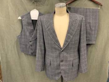 Mens, 1930s Vintage, Suit, Jacket, MTO/ COSPROP, Black, Gray, Wool, Plaid, 40R, Single Breasted, Collar Attached, Peaked Lapel, 3 Pockets, 2 Buttons,