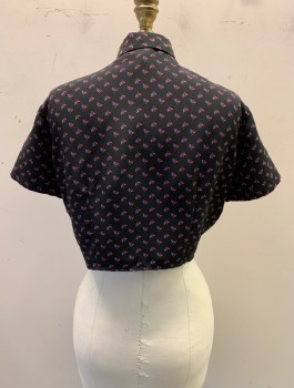 Womens, Top, AMERICAN APPAREL, Black, Cornflower Blue, Red, Polyester, Floral, XS/S, Tiny Flowers Pattern, Short Sleeves, Button Front, Cropped with Self Ties at Waist, Collar Attached