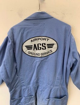 Mens, Coveralls Men, REGENT, Periwinkle Blue, Cotton, Solid, 42 R, Twill, Long Sleeves, Button Front, Gray "Airport AGS Ground Service" Patch at Center Back, Lightly Aged Throughout