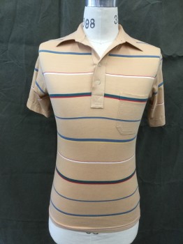 TOURNAMENT, Apricot Orange, Blue, Red, White, Yellow, Cotton, Polyester, Stripes, Solid Apricot Collar/Placket, 4 Buttons, 1 Pocket, Short Sleeves