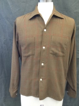 FLANDIA, Brown, Lt Brown, Red, Polyester, Rayon, Plaid, Button Front, Collar Attached, Long Sleeves, 2 Pockets