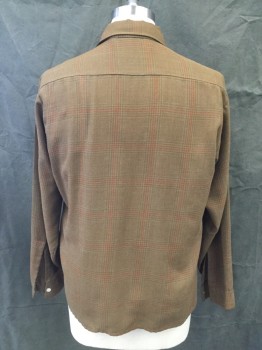 Mens, Shirt, FLANDIA, Brown, Lt Brown, Red, Polyester, Rayon, Plaid, 15.5, M, Button Front, Collar Attached, Long Sleeves, 2 Pockets