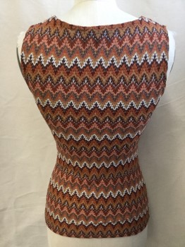 Womens, Top, INC, Lt Brown, Brown, Orange, Amber Yellow, White, Rayon, Novelty Pattern, Zig-Zag , M, V-neck, with Self Twisted Work @ Cleavage, Sleeveless,