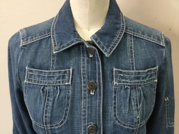 MARC JACOBS, Blue, Cotton, Solid, White Top Stitches, Collar Attached, Faded Black with Silver Trim and Blue  Button Front, 4 Pockets, Long Sleeves with Pocket Inside and 3 Blue & 1 Matching Black with Silver Trim Buttons, Side Tabs 4 Matching Silver Buttons