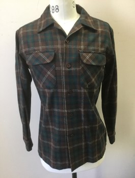PENDLETON, Brown, Dk Green, Navy Blue, White, Wool, Plaid, Flannel, Long Sleeve Button Front, Collar Attached, 2 Patch Pockets with Flap Closures