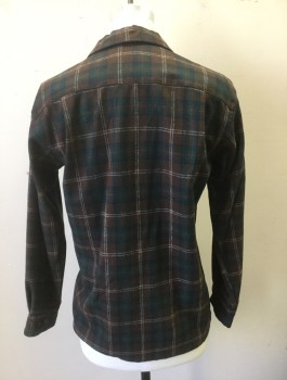 PENDLETON, Brown, Dk Green, Navy Blue, White, Wool, Plaid, Flannel, Long Sleeve Button Front, Collar Attached, 2 Patch Pockets with Flap Closures
