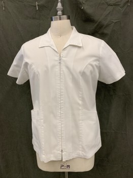 Unisex, Scrubs, Jacket Unisex, N/L, White, Poly/Cotton, Solid, 40, Zip Front Collar Attached, Short Sleeves, 2 Pockets, Back "Belt" Panel with Pleat Below