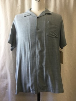 TOMMY BAHAMA, Green, Silk, Solid, Button Front, Open Collar Attached, Short Sleeves,