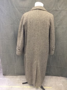 Mens, Coat, Overcoat, BILL BURNS, Lt Brown, Charcoal Gray, Wool, Herringbone, 42L, Single Breasted, Hidden Placket, Collar Attached, Notched Lapel, Raglan Long Sleeves, Button Tab at Cuff, 2 Pockets