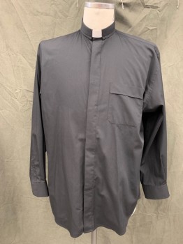 Unisex, Shirt, CHURCH WEAR, Black, White, Poly/Cotton, Solid, 34, 16.5, Button Front with Hidden Placket, Long Sleeves, Collar Attached Tacked Down, 1 Pockets, White Plastic Collar, Priest, Clergy