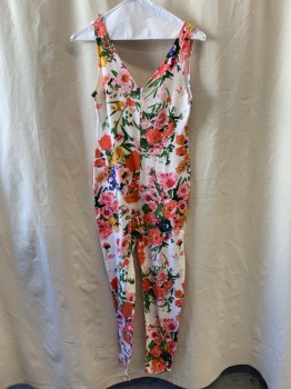Womens, Jumpsuit, EXPRESS TRICOT, White, Green, Salmon Pink, Baby Pink, Indigo Blue, Cotton, Spandex, Floral, M, V-neck, V-back,Sleeveless, Body Hugging