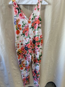 Womens, Jumpsuit, EXPRESS TRICOT, White, Green, Salmon Pink, Baby Pink, Indigo Blue, Cotton, Spandex, Floral, M, V-neck, V-back,Sleeveless, Body Hugging