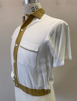 PENNEY'S TOWNCRAFT, Off White, Ochre Brown-Yellow, Cotton, Solid, Short Sleeves, Button Front, Ochre Accents at Collar, Placket and Waistband, 1 Patch Pocket,  Shirt Jacket Style with Buttons at Side Waist, 1950's