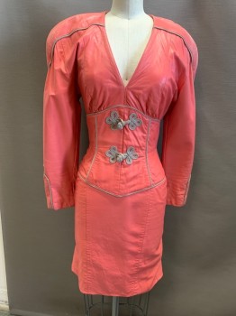 Womens, Cocktail Dress, MICHAEL HOBAN, Coral Pink, Taupe, Leather, Rayon, Solid, B32W24, XS, H30, Leather, V-neck, Long Sleeves, Rounded Shoulders with Padding, Rope Trim, Zip Back, Back Hem Flounce, Some Shoulder Burn