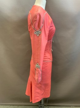 Womens, Cocktail Dress, MICHAEL HOBAN, Coral Pink, Taupe, Leather, Rayon, Solid, B32W24, XS, H30, Leather, V-neck, Long Sleeves, Rounded Shoulders with Padding, Rope Trim, Zip Back, Back Hem Flounce, Some Shoulder Burn