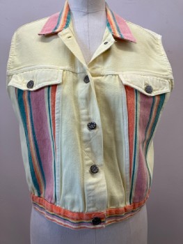 PRIORITY, Denim Vest, Yellow/ Multi-color, Stripes, C.A., Sleeveless, B.F., 2 Pocket