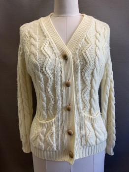 NO LABEL, Cream, Acrylic, Solid, L/S, Button Front, V Neck, Top Pockets, Knit