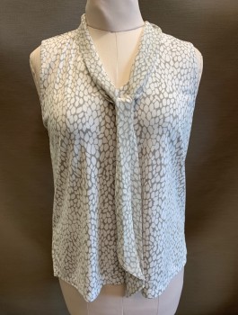 DONNA KARAN, Gray, White, Polyester, Abstract , Stretchy, Sleeveless, V-Neck, Chiffon Self Ties Attached at Front Neckline, Pullover