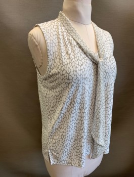 Womens, Shell, DONNA KARAN, Gray, White, Polyester, Abstract , L, Stretchy, Sleeveless, V-Neck, Chiffon Self Ties Attached at Front Neckline, Pullover