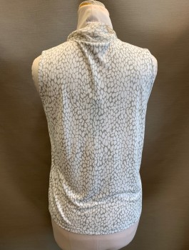 Womens, Shell, DONNA KARAN, Gray, White, Polyester, Abstract , L, Stretchy, Sleeveless, V-Neck, Chiffon Self Ties Attached at Front Neckline, Pullover