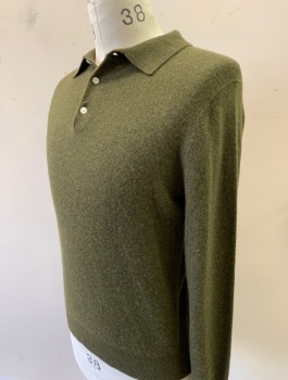 Mens, Pullover Sweater, J.CREW, Olive Green, Cashmere, Solid, S, Knit, Polo Style with Collar Attached, 3 Button Placket, L/S