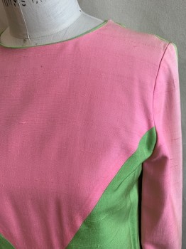 Womens, 1960s Vintage, Piece 1, NL, Pink, Lime Green, Synthetic, Color Blocking, W25, B36, Top, Long Sleeves, Back Zip, Front Slit