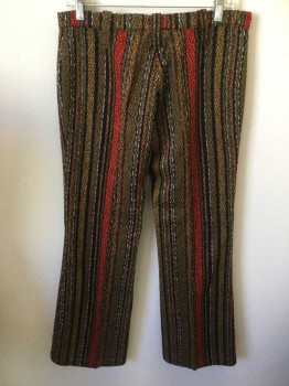 Mens, Pants, CHRISTENFELD, Tan Brown, Black, White, Tomato Red, Acrylic, Stripes - Vertical , 31, 30, 2 Faux Pockets with Button Flaps, Textured Weave