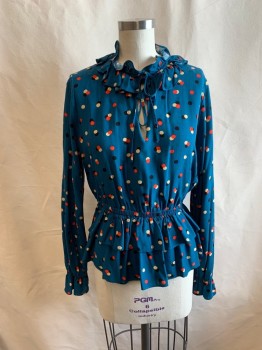 WHO WHAT WEAR, Teal Blue, Multi-color, Rayon, Polka Dots, Ruffled Band Collar, V-N, Tie at Neck, Elastic Waistband, 2 Tiers at Hem, L/S, Beige, Black, Red Polka Dots