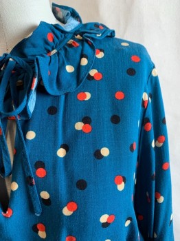 Womens, Top, WHO WHAT WEAR, Teal Blue, Multi-color, Rayon, Polka Dots, S, Ruffled Band Collar, V-N, Tie at Neck, Elastic Waistband, 2 Tiers at Hem, L/S, Beige, Black, Red Polka Dots